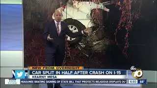 Driver rescued after car hits tree off I-15, splits in half
