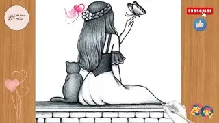 Beautiful Girl with Cat Drawing| Butterfly art🦋 #pencildrawing #viral #art #girl #trending #drawing
