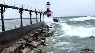 Massive Waves SLAM Michigan City Lighthouse &mdash; Drone Battle in Heavy Wind!