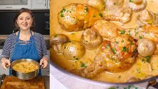 Fricassée de pui cu ciuperci - rețeta de pulpe de pui fragede în cel mai cremos și delicios sos!