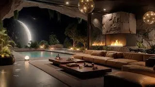 Moonlit Jazz Session 🌕 Cave Fireplace & Poolside Serenity for Deep Focus
