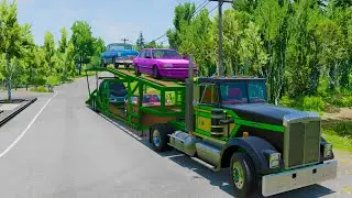 Double Flatbed Trailer Truck vs Speedbumps Train vs Cars | Tractor vs Train Beamng.Drive