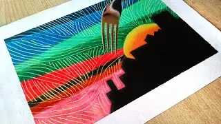 Colorful Skyline | easy oil pastel painting using scratching technique with fork for beginners ASMR