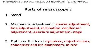 INTERMEDIATE FIRST YEAR VOCATIONAL MEDICAL LAB TECHNICIAN PAPER-2 UNIT-1  MIRCOSCOPE