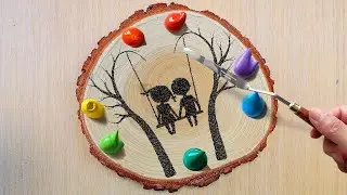 Couple swinging on swing in colorful forest | Easy painting for beginners