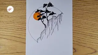 How to Draw Simple Landscape | Tree, Mountain & Sunset Scenery Pencil Drawing