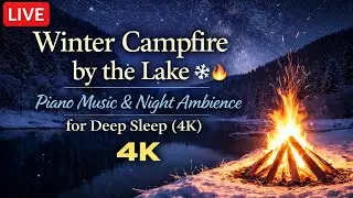 LIVE 🔴 Winter Campfire by the Lake | Piano Music & Night Ambience for Deep Sleep (4K)