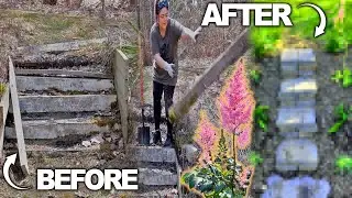Turning ROTTING WOOD STAIRS Into FAIRY GARDEN STONE STAIRS! feat. NEW FROG FRIEND 💕