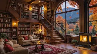 Cozy Cabin Auturm Ambiance with Jazz Music 🍂 Relaxing Fireplace Crackling for Work, Study