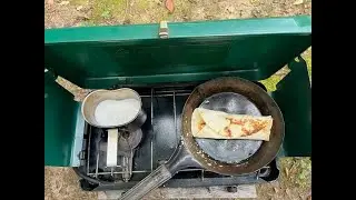 Mess Kit Canteen-Spam, Egg and Cheese Burrito cooked in a cold handle skillet over a coleman stove.