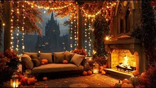 Pumpkin Porch Autumn Fireplace Ambience 🎃 Cozy Halloween Night with Castle View & Crackling Fire