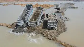 Wonderful Building Road On Water Construction By Bulldozer Pushing Stone with Truck Transport Stone
