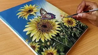 How to Draw a Sunflower with a Cute Butterfly in morning🌻🦋 / Acrylic painting