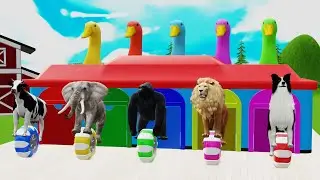5 Giant Duck Cartoon, Cow, Elephant, Lion, Dinosaur, Paint Wild Animals Crossing Fountain Animation
