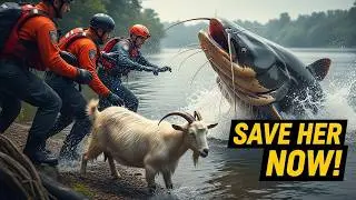 Heroic Rescue Team Saves Mother Goat from a Giant Catfish Attack!