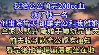 我給公公輸完200cc血救了他一名他出院當天 卻讓老公和我離婚全家人默許 離婚手續辦完當天前夫收到財產公證處通知看完後他當場崩潰癱坐在地