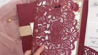 Burgundy Laser Cut Wedding Invitation Sets from ElegantWeddingInvites