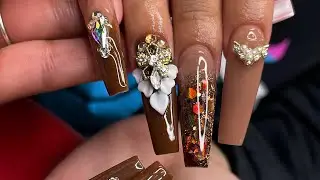 Brown acrylic nails | Charms | Real time acrylic application