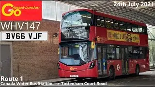 Go Ahead London: WHV147 on Route 1 to Tottenham Court Road (UK Bus Timelapse #16)