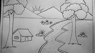 how to draw a village scenery | village nature | gramer prakritik drishyo