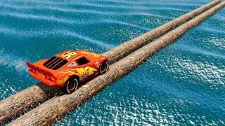 Lightning Mcqueen vs Impossible Log Wave Bridge Crossing Cars Vs Deep Water - BeamNG.Drive