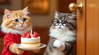 Baby cat surprises mama cat celebrate birthday party with cake  a peaceful healing story 