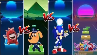Oddbods red🆚Sheriff Labrador/BabyBus🆚Sonic🆚Oddbods mini bods/ Tiles Hop EDM Gameplay 🎯| Who Is Best?
