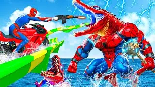 SPIDER-MAN Enters The WILDEST WATER SLIDE MAZE 🪂🛸 SUPERHERO Challenge Race!