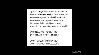 CYPRUS AIRWAYS RESUMES IRAKLEION SERVICE IN NW25