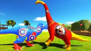 CAPTAIN AMERICA T-REX vs IRON MAN BRACHIOSAURUS JUNGLE DEATH RUN - Animal Revolt Battle Simulator