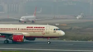 Departure Air India Airlines at DAC Airport behind the SkyUp Airlines Waiting for Takeoff to Muscat