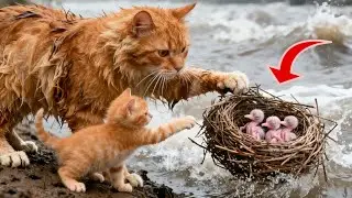 Mama cat and her kitten 🐾 Dive into the floodwater 🌊to Rescue a Baby Bird 🕊️ Nest 🌊 cat videos......