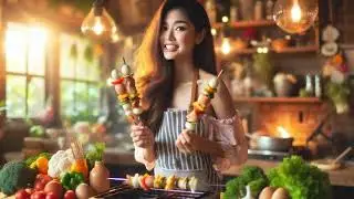 A beautiful girl is cooking delicious shashlik with eggs