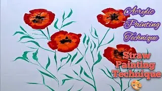 Easy Red Flower  Field | Straw Painting Technique | Beginners Fluid Acrylic Painting | Tuntara Art
