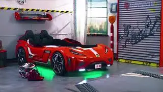 Lit voiture design pour enfant rouge laqu&eacute;e avec LED - Alvolys