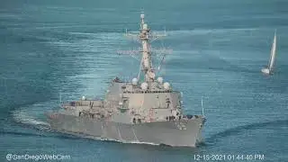 USS Connecticut (SSN 22) departing San Diego w/out a nose,  escorted by  USS Mustin (DDG-89).