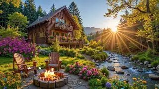 Cozy Piano Music Riverside Porch in Spring Woods 🌺🔥 Crackling Campfire & Nature Sounds Ambience