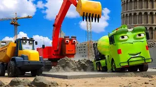 Excavator Maxie Builds the Leaning Tower of Pisa with Rusty & Dex 🏗️  CONSTRUCTION VEHICLES