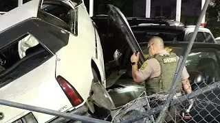 PART 1 OF 2 - Multiple Vehicles Damaged Or Destroyed At Car vs Dealership Crash - Car On Top Of Cars