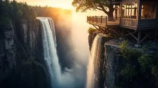 Slow-Motion Tree House Construction Above a Roaring Waterfall