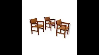 60s, Danish design, H.J.Wegner, set of 3 armchairs, refurbished, leather, wood.
