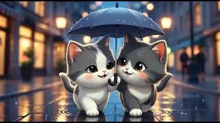 Two Cute Cats Walking with Umbrellas in the Rain