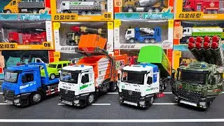 Collection Of Diecast Trucks : Flatbed Truck, Garbage Truck, Road Sweeper Truck, Military Truck