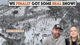 #854 - First Real Snow Of Winter! Off Grid Wood Shop Exterior Is DONE! Cabin Pad Continued...