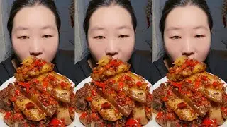 Chinese Village Food Mukbang | Eating Fried Pork with Chili 🌶️ #asmr #mukbang