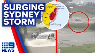 Shocking moment surging floodwaters sweep car out to sea amid Sydney storm | 9 News Australia