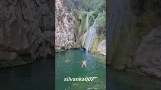 SWIMMERS AT THE POLYLIMNIO WATERFALLS Peloponnese Peninsula Greece #swim #waterfall #nature #greece