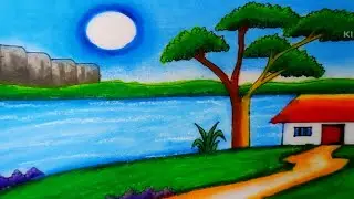 How to Draw a Peaceful Riverside  Village Landscape - Easy Oil Pastel Drawing for Beginners