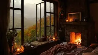 Cozy Mountain Cabin Ambience 🍂 Rain on Window & Crackling Fireplace Sounds for Sleep