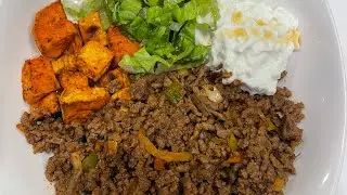 Cook with me: Sweet Potato Beef Bowl with Hot Honey Sauce #highprotein #dinner #recipe #healthy #fyp